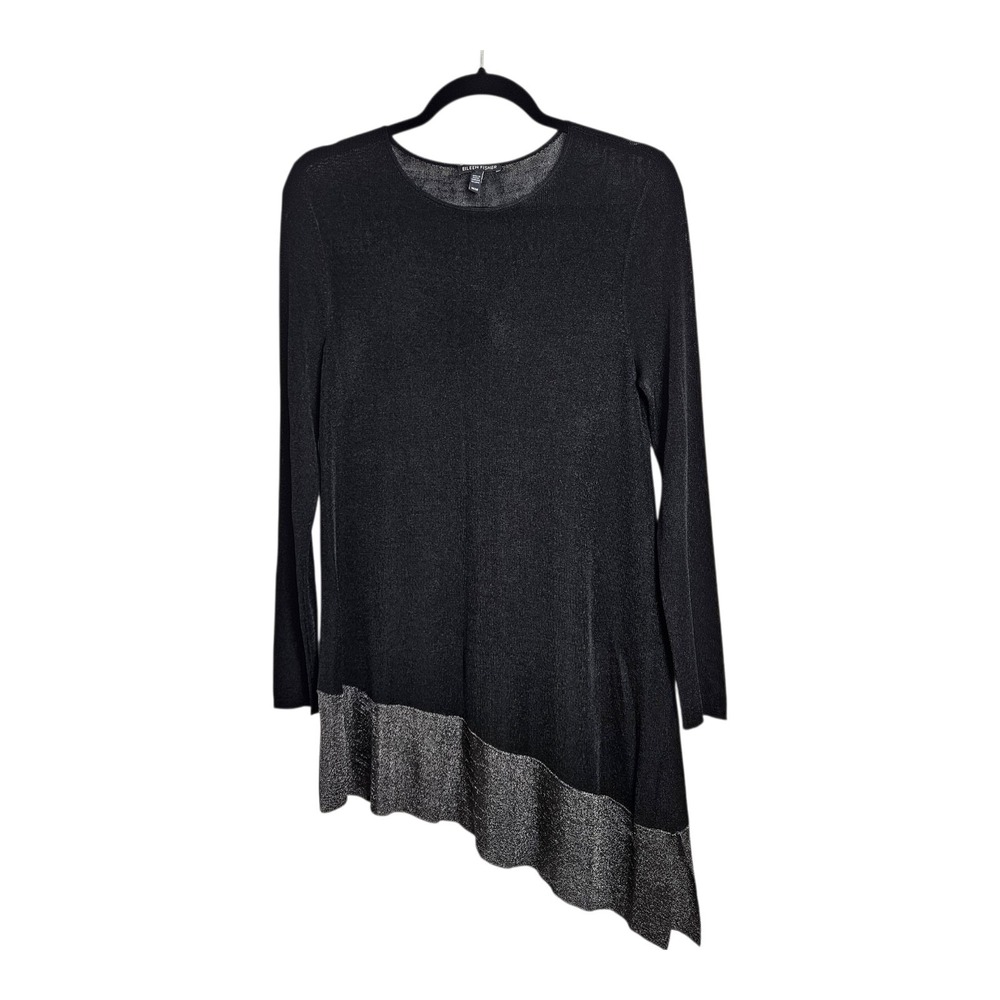Eileen Fisher‎ Tunic Top Size M Rayon Nylon Crinkle Asymmetric Shimmer Hem Black